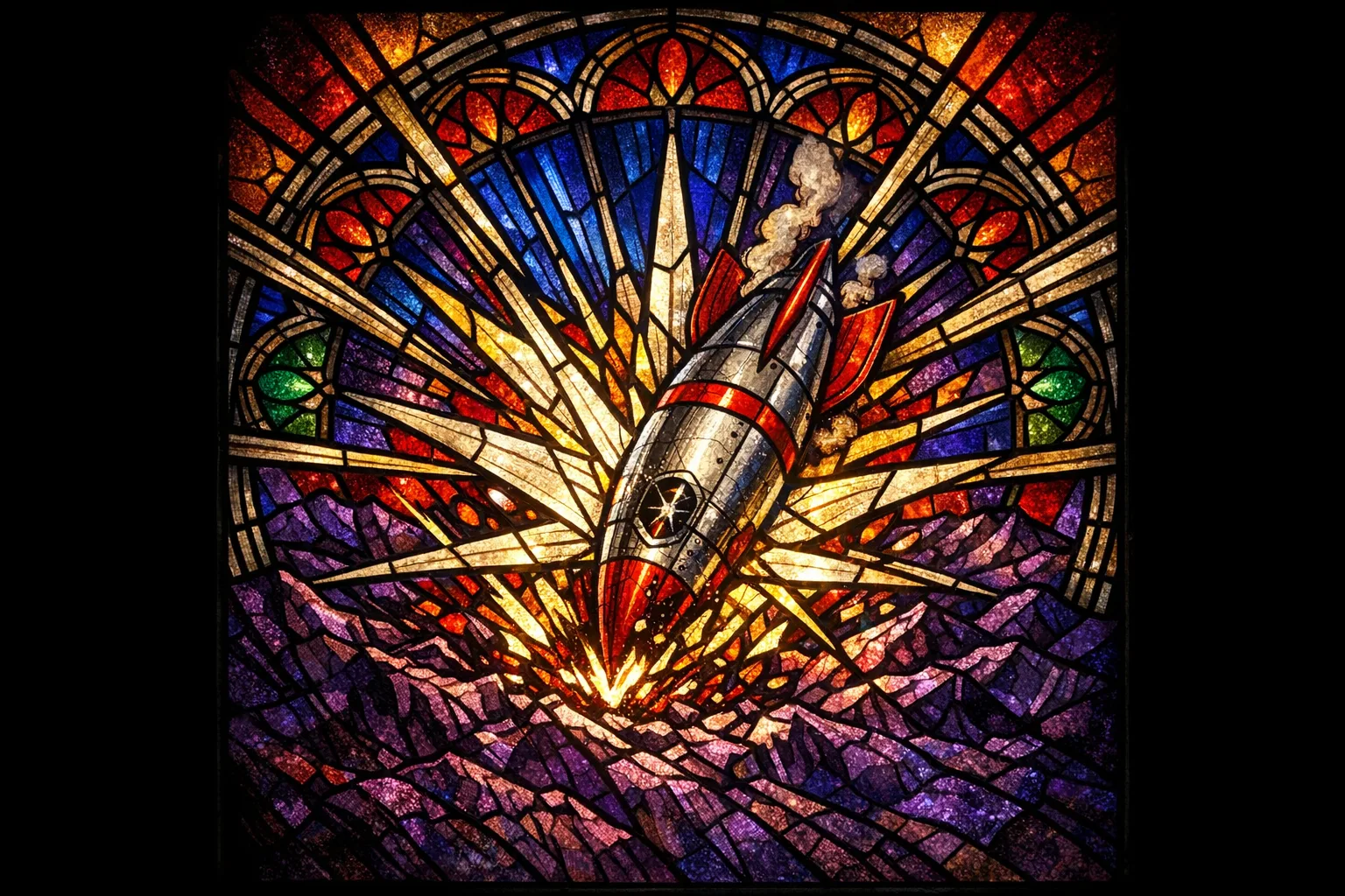 Window of the Crash — Cathedral stained glass × golden-age pulp comics
