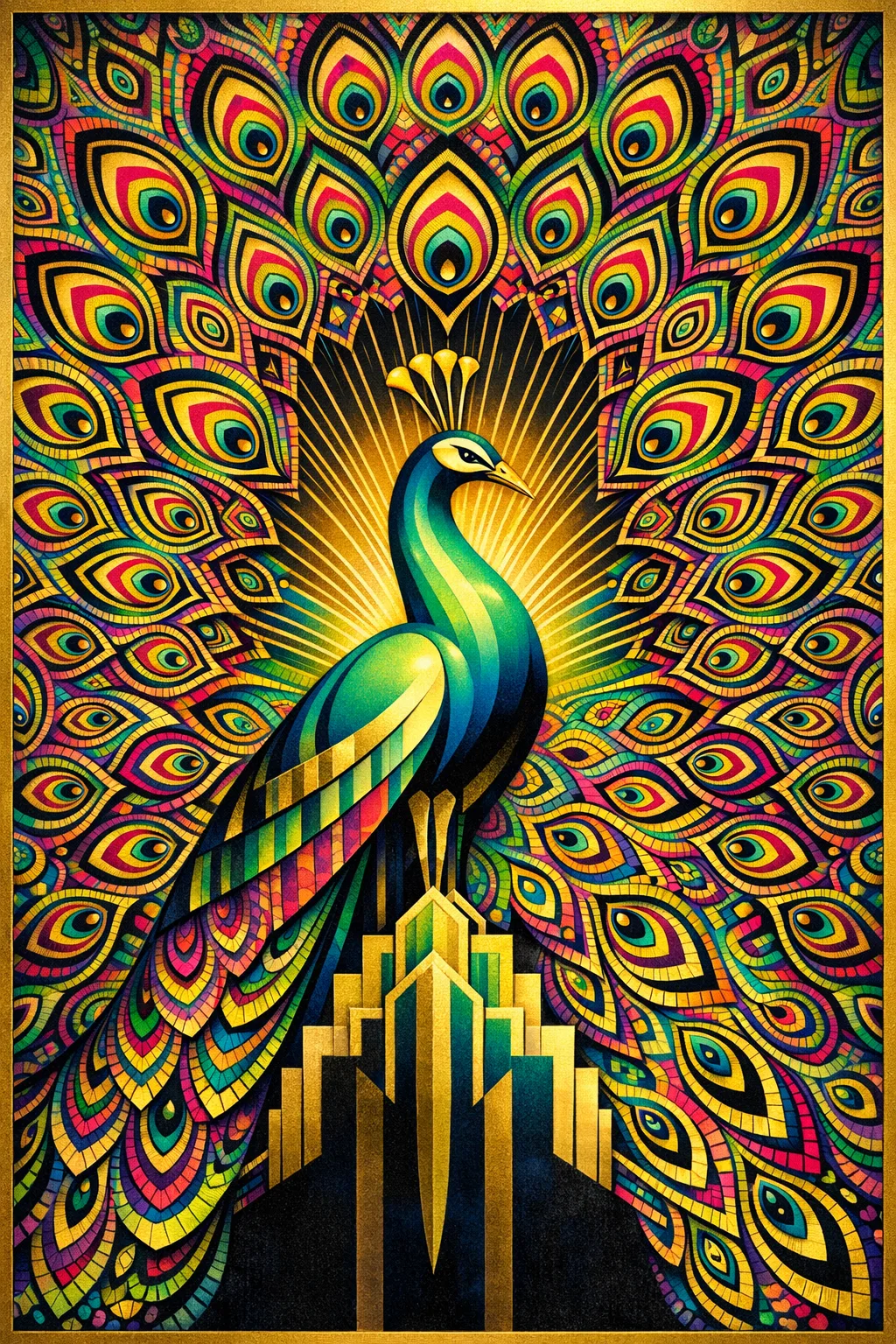Deco Peacock — 1930s Art Deco poster × blotter psychedelia