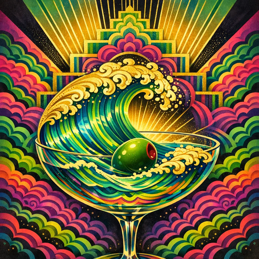 Martini Tsunami — 1930s Art Deco poster × blotter psychedelia
