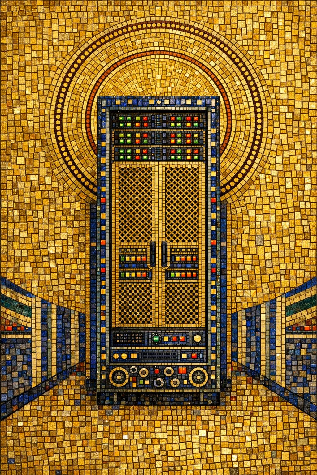 Saint of the Server Aisle — Byzantine mosaic icon × domestic machinery