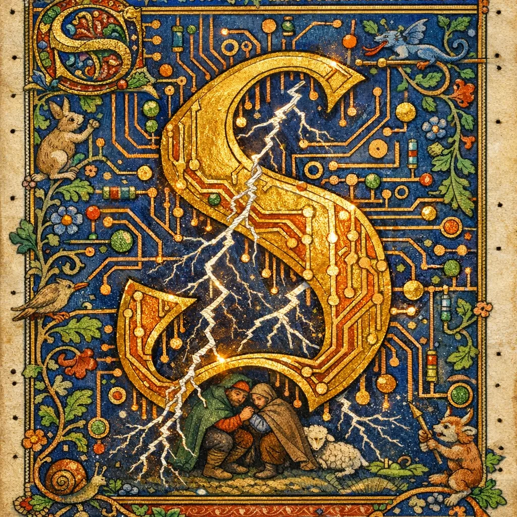 Psalter of Lightning — Medieval illuminated manuscript × printed circuit boards